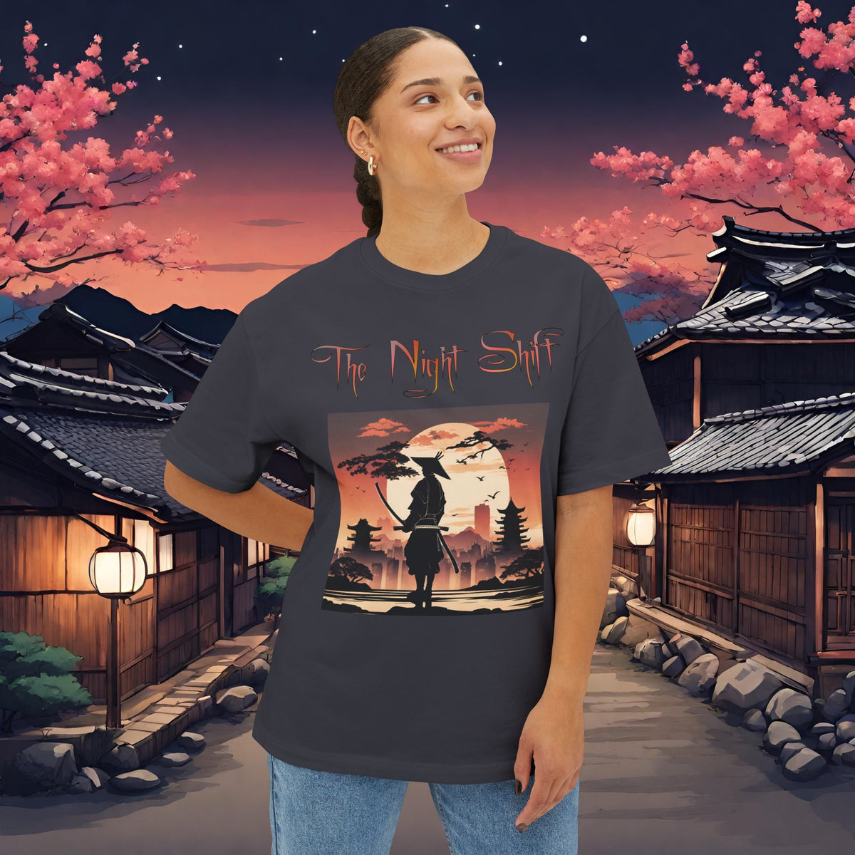Samurai Full Moon Silhouette-Premium, Ultra Soft Unisex Oversized Boxy Tee Printify by The Night Shift Automotive Apparel