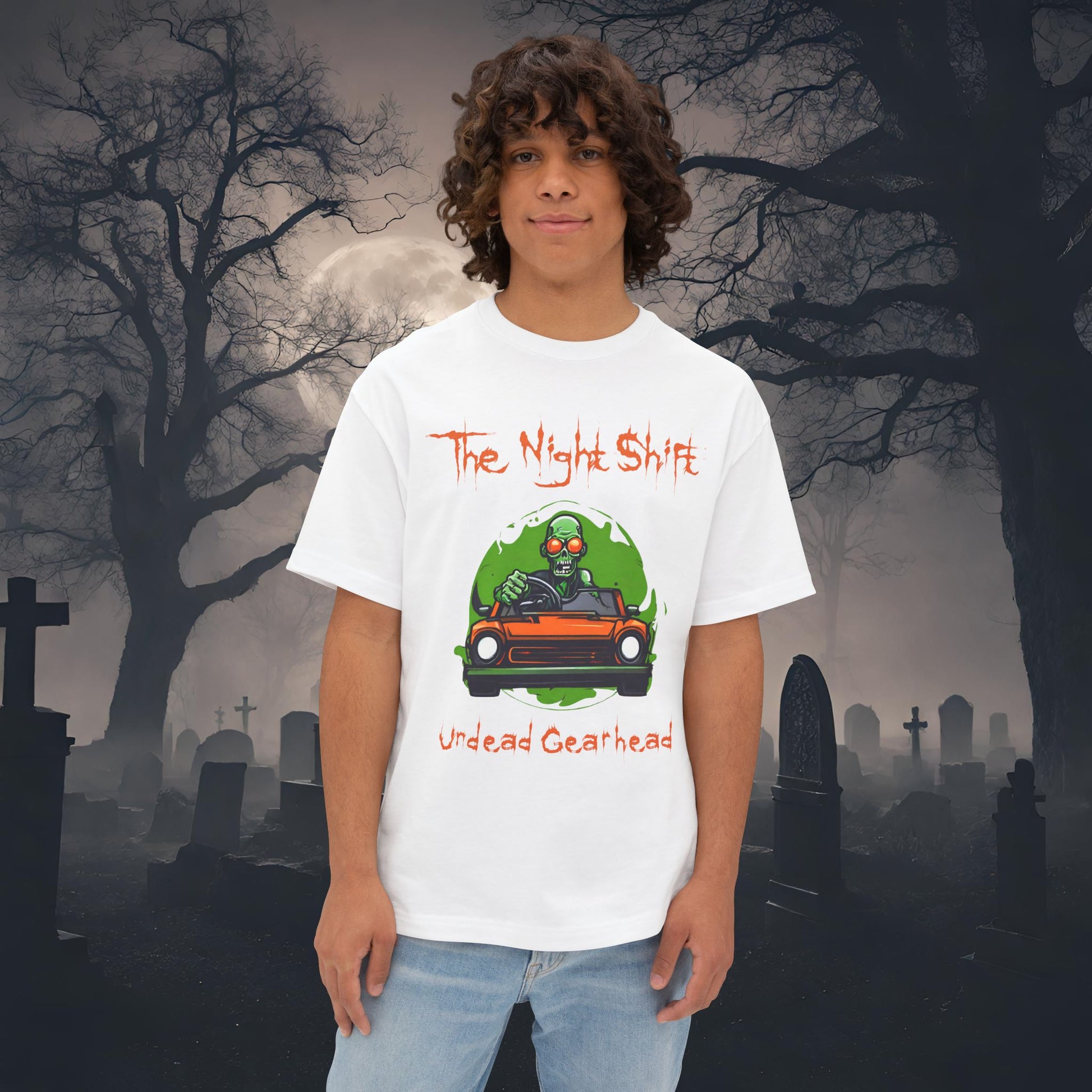 Undead Gearhead Zombie-Premium, Ultra Soft Unisex Oversized Boxy Tee White Printify by The Night Shift Automotive Apparel
