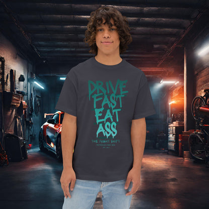 Drive Fast, Eat Ass-Premium, Ultra Soft Unisex Oversized Boxy Tee Dark Grey Printify by The Night Shift Automotive Apparel