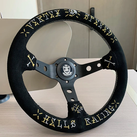 VERTEX SPEED Hells Racing 330mm Suede Embroidered Deep Dish Steering Wheels The Night Shift Performance Street Gear by The Night Shift Automotive Apparel