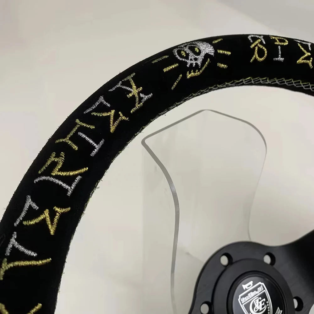 VERTEX SPEED Hells Racing 330mm Suede Embroidered Deep Dish Steering Wheels The Night Shift Performance Street Gear by The Night Shift Automotive Apparel