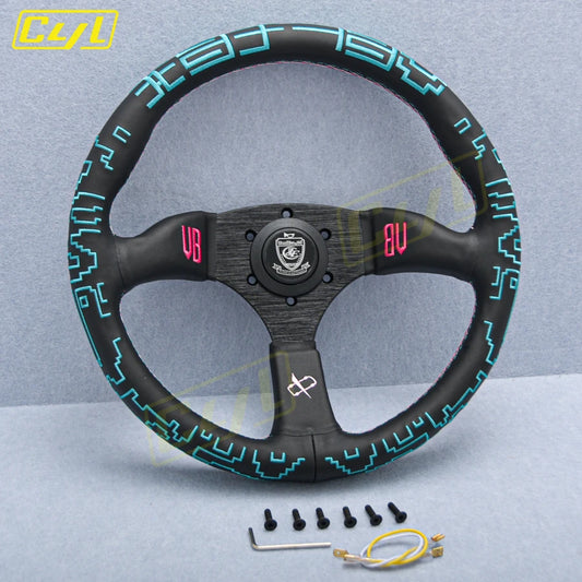 VERTEX x Bowz 350mm Genuine Leather Embroidered Deep Dish Steering Wheels The Night Shift Performance Street Gear by The Night Shift Automotive Apparel
