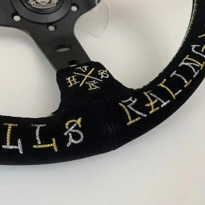 VERTEX SPEED Hells Racing 330mm Suede Embroidered Deep Dish Steering Wheels The Night Shift Performance Street Gear by The Night Shift Automotive Apparel