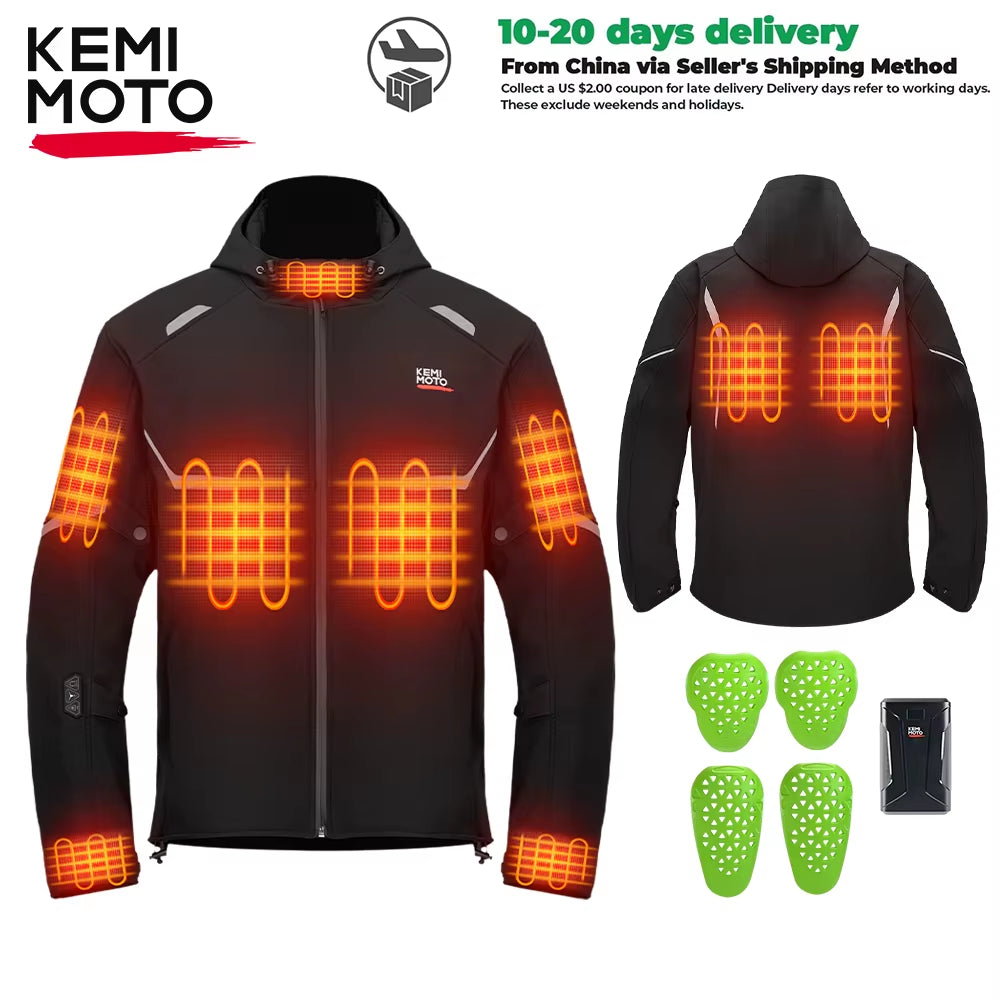 Kemimoto Motorcycle Heated Jacket With Shoulder & Elbow Pads Waterproof Surface for Outdoor Riding