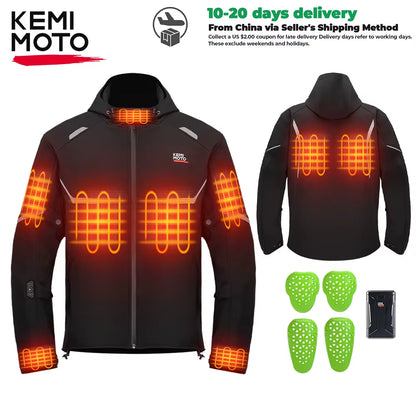 Kemimoto Motorcycle Heated Jacket With Shoulder & Elbow Pads Waterproof Surface for Outdoor Riding