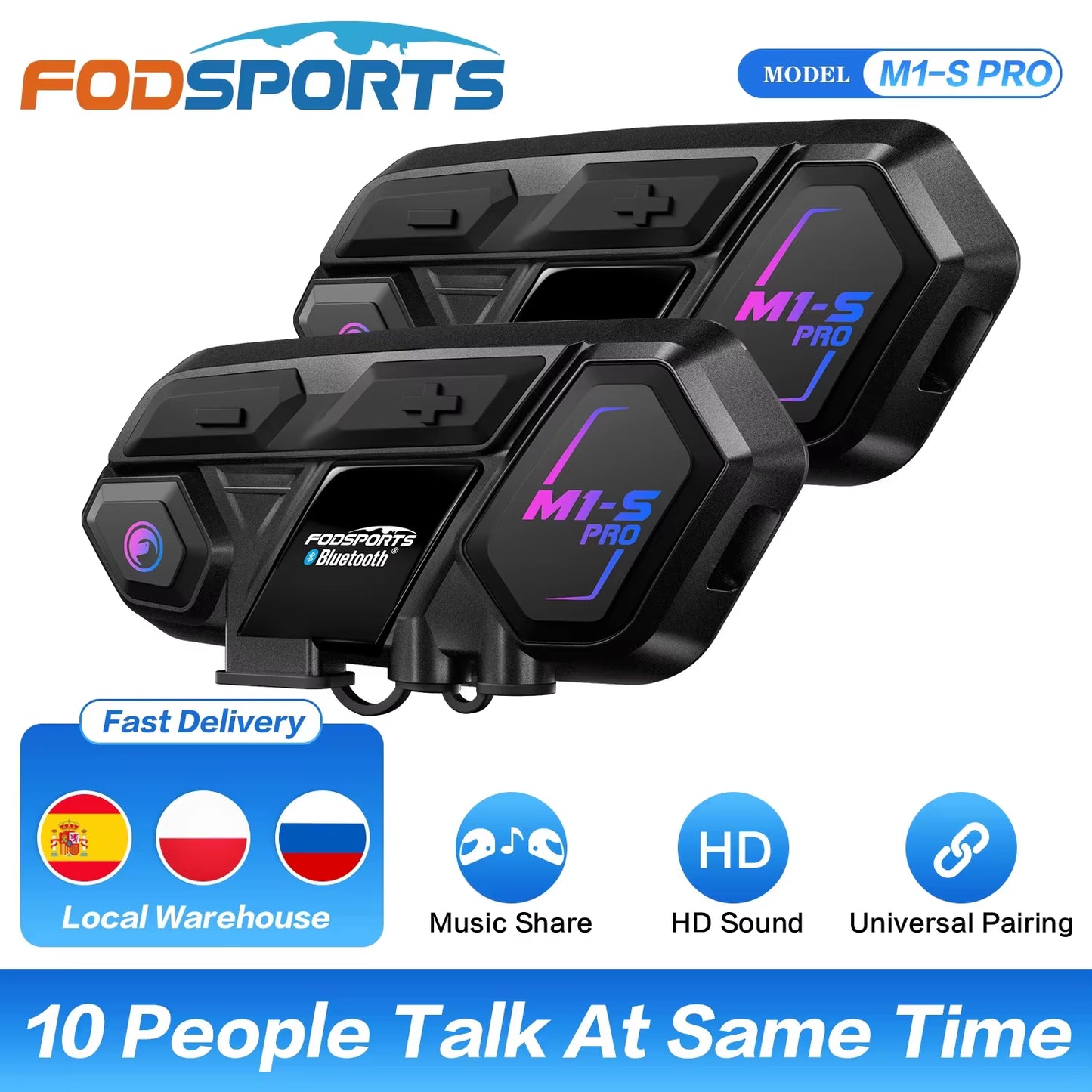 Fodsports M1-S Pro Motorcycle Intercom Bluetooth Helmet Headset  2000M Communicator/Music Share (2 Headsets)
