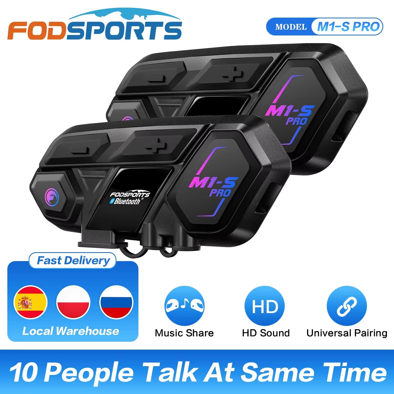 Fodsports M1-S Pro Motorcycle Intercom Bluetooth Helmet Headset  2000M Communicator/Music Share (2 Headsets)
