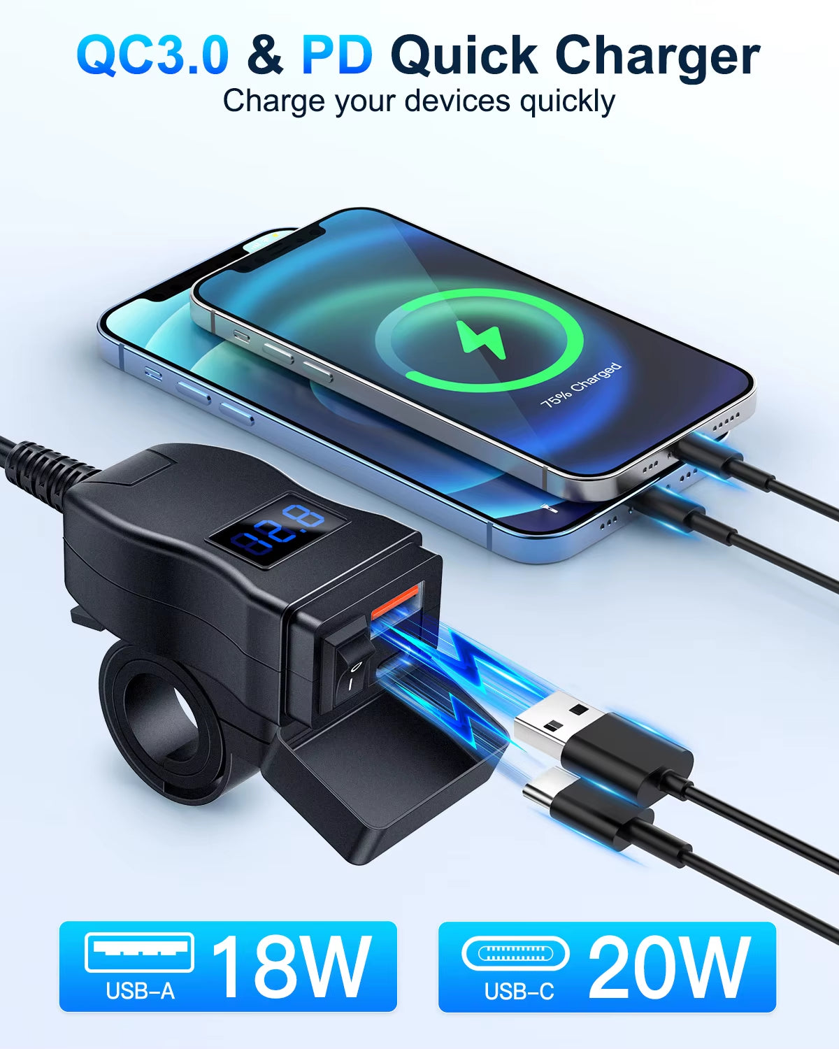 Motorcycle Phone Charger Dual USB Type C With Voltmeter & On/Off Switch
