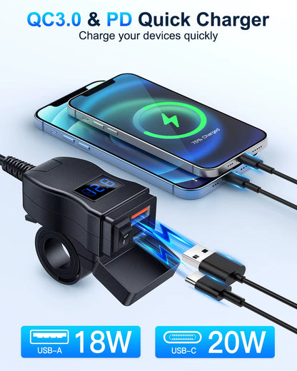 Motorcycle Phone Charger Dual USB Type C With Voltmeter & On/Off Switch