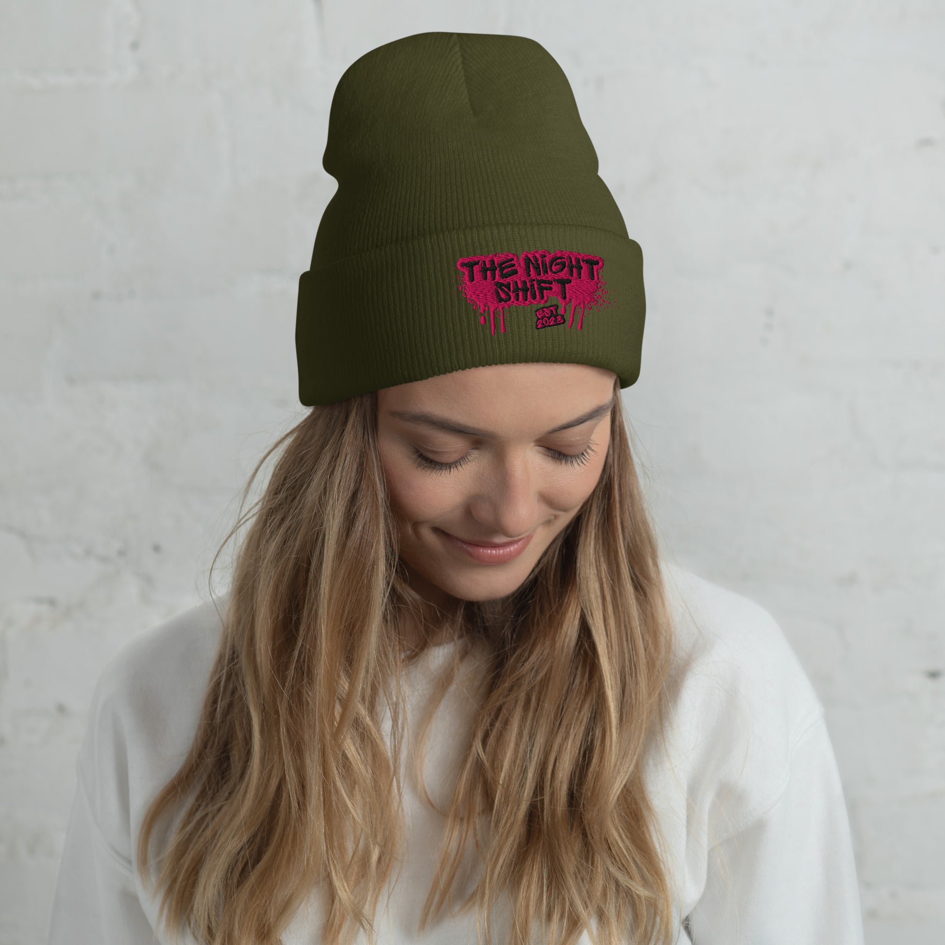 The Night Shift-Embroidered Cuffed Beanie Olive The Night Shift Performance Street Gear by The Night Shift Automotive Apparel