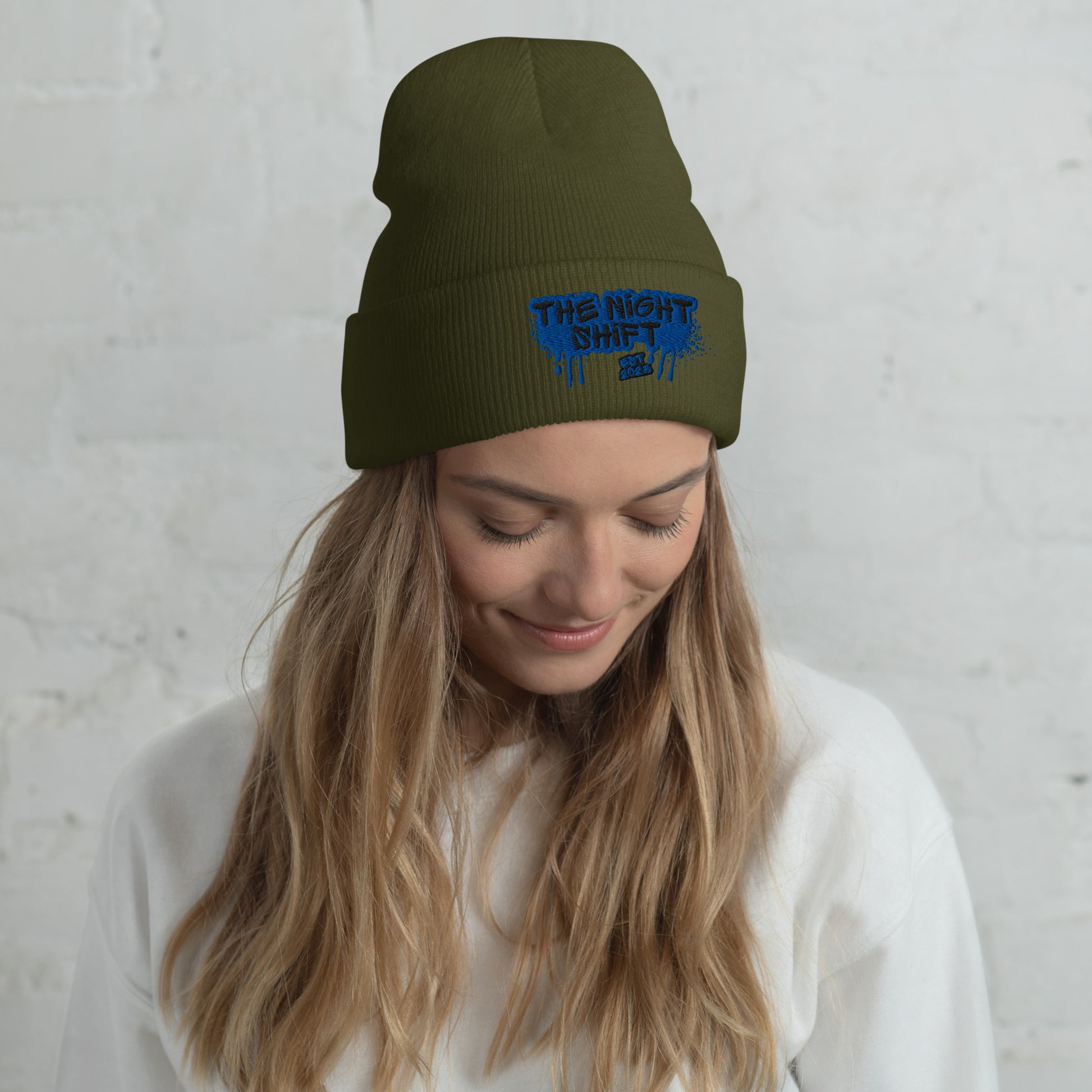 The Night Shift-Embroidered Cuffed Beanie Olive The Night Shift Performance Street Gear by The Night Shift Automotive Apparel