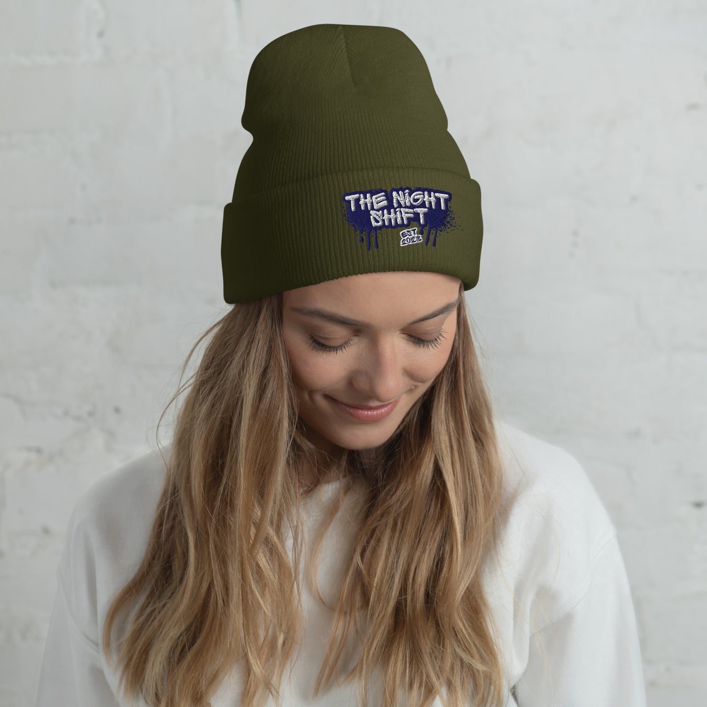 The Night Shift-Embroidered Cuffed Beanie Olive The Night Shift Performance Street Gear by The Night Shift Automotive Apparel