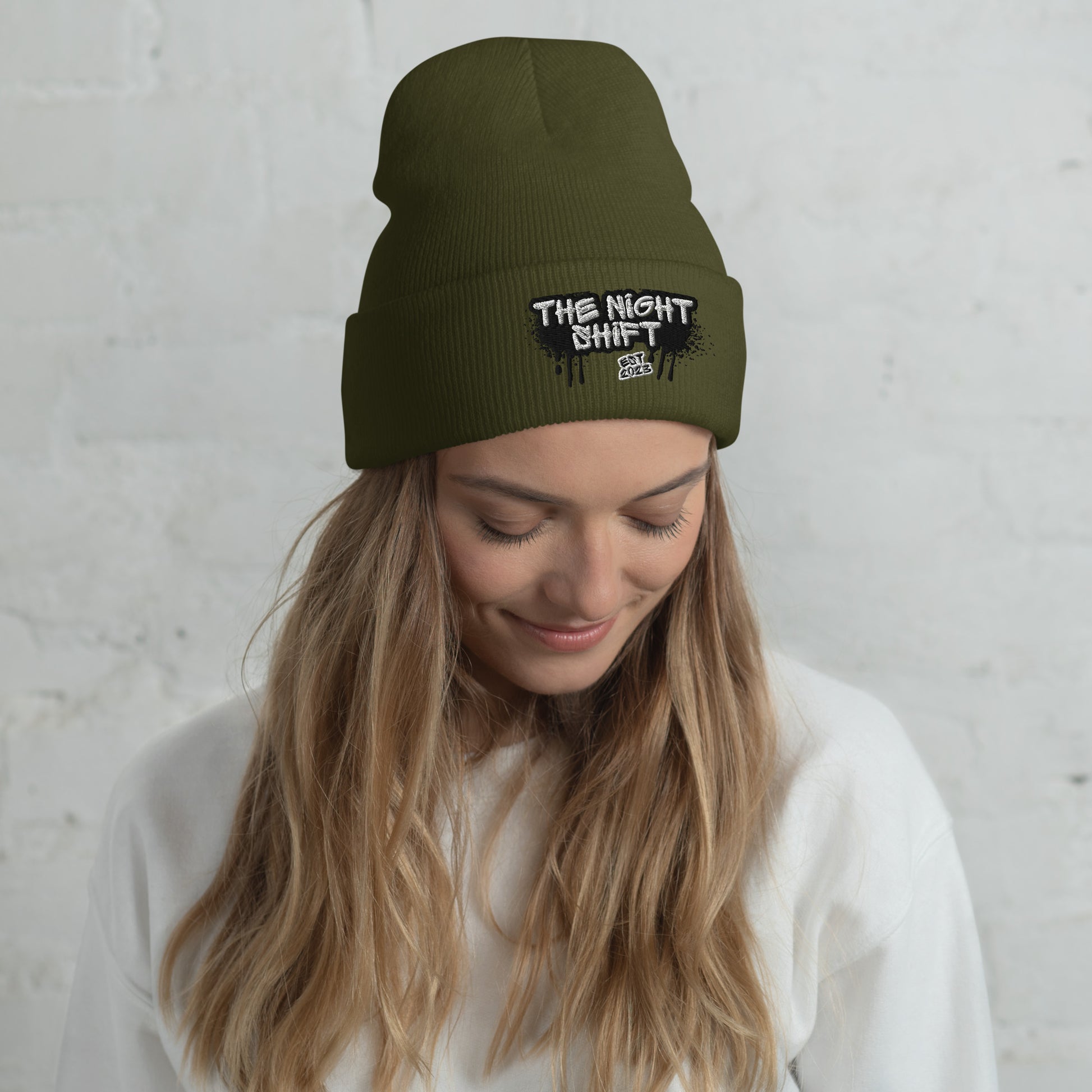 The Night Shift-Embroidered Cuffed Beanie Olive The Night Shift Performance Street Gear by The Night Shift Automotive Apparel