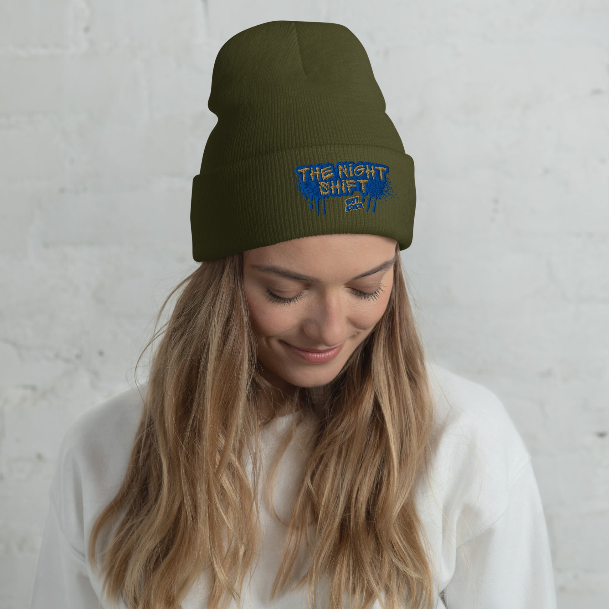 The Night Shift-Embroidered Cuffed Beanie Olive The Night Shift Performance Street Gear by The Night Shift Automotive Apparel