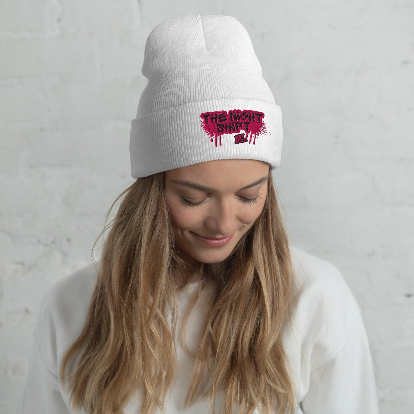 The Night Shift-Embroidered Cuffed Beanie White The Night Shift Performance Street Gear by The Night Shift Automotive Apparel