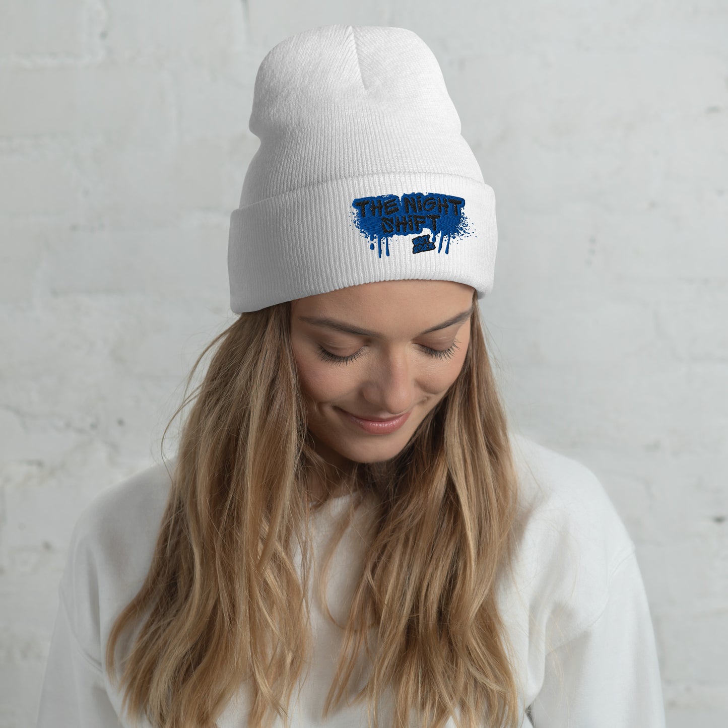 The Night Shift-Embroidered Cuffed Beanie White The Night Shift Performance Street Gear by The Night Shift Automotive Apparel