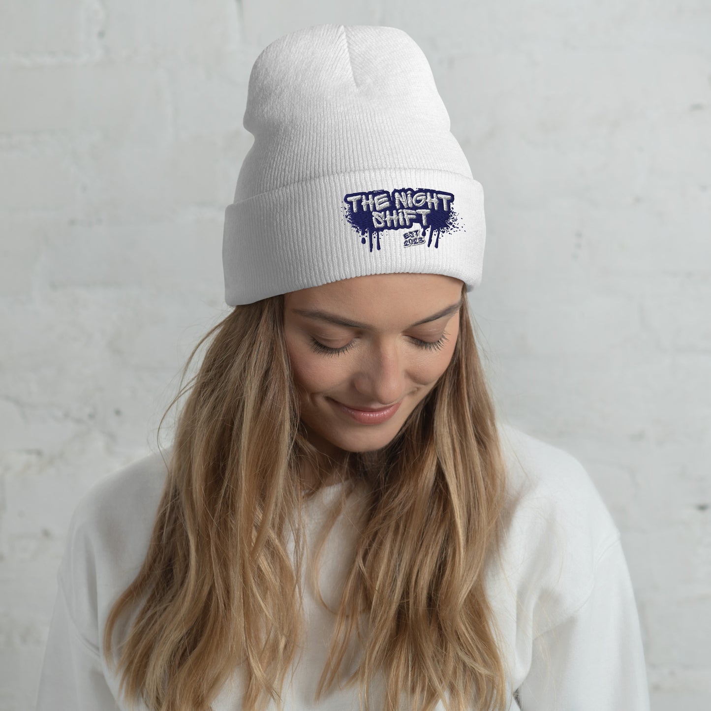 The Night Shift-Embroidered Cuffed Beanie White The Night Shift Performance Street Gear by The Night Shift Automotive Apparel