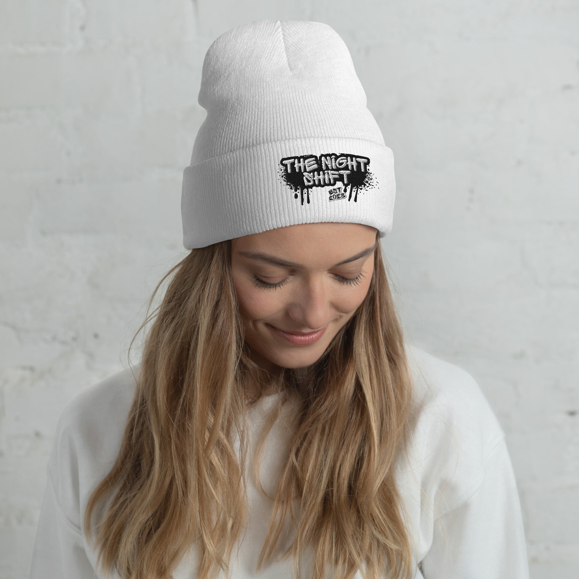 The Night Shift-Embroidered Cuffed Beanie White The Night Shift Performance Street Gear by The Night Shift Automotive Apparel