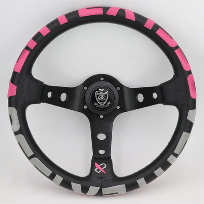 VERTEX 1996 325mm Genuine Leather Embroidered Deep Dish Steering Wheels Black Pink The Night Shift Performance Street Gear by The Night Shift Automotive Apparel