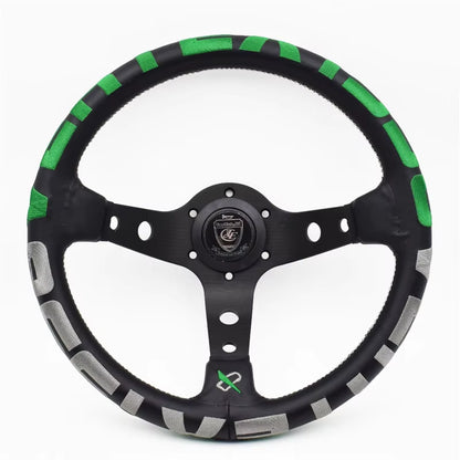 VERTEX 1996 325mm Genuine Leather Embroidered Deep Dish Steering Wheels Black Green The Night Shift Performance Street Gear by The Night Shift Automotive Apparel