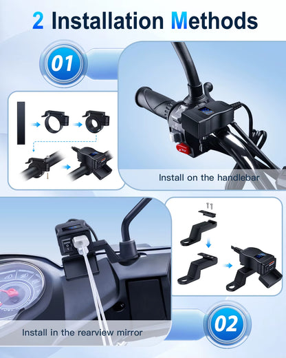 Motorcycle Phone Charger Dual USB Type C With Voltmeter & On/Off Switch