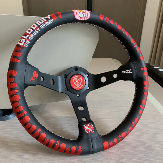 VERTEX Bloody 330mm Genuine Leather Embroidered Deep Dish Steering Wheel Bloody The Night Shift Performance Street Gear by The Night Shift Automotive Apparel