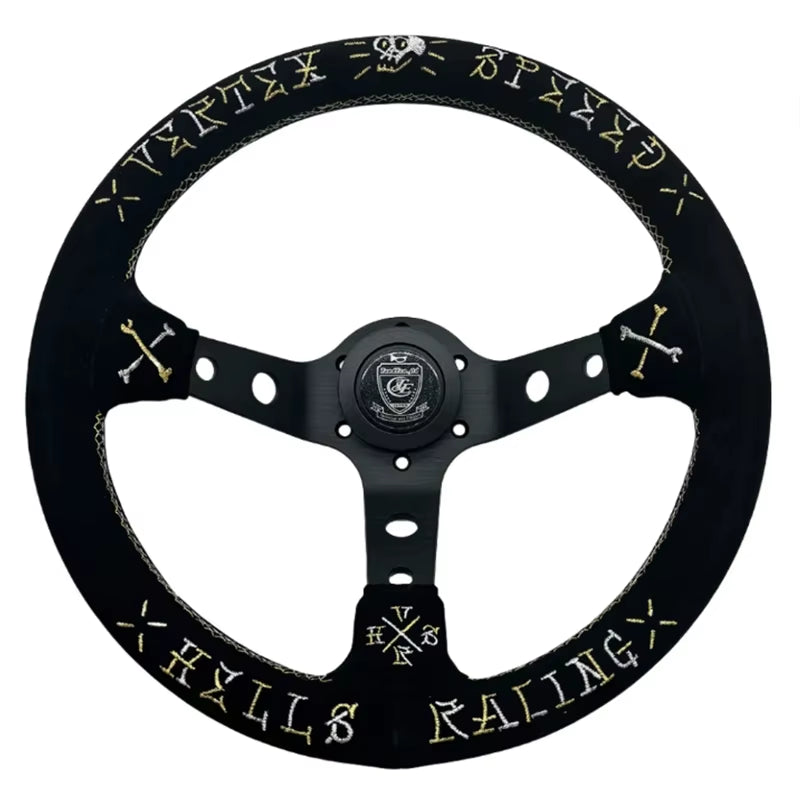 VERTEX SPEED Hells Racing 330mm Suede Embroidered Deep Dish Steering Wheels Black Grey The Night Shift Performance Street Gear by The Night Shift Automotive Apparel