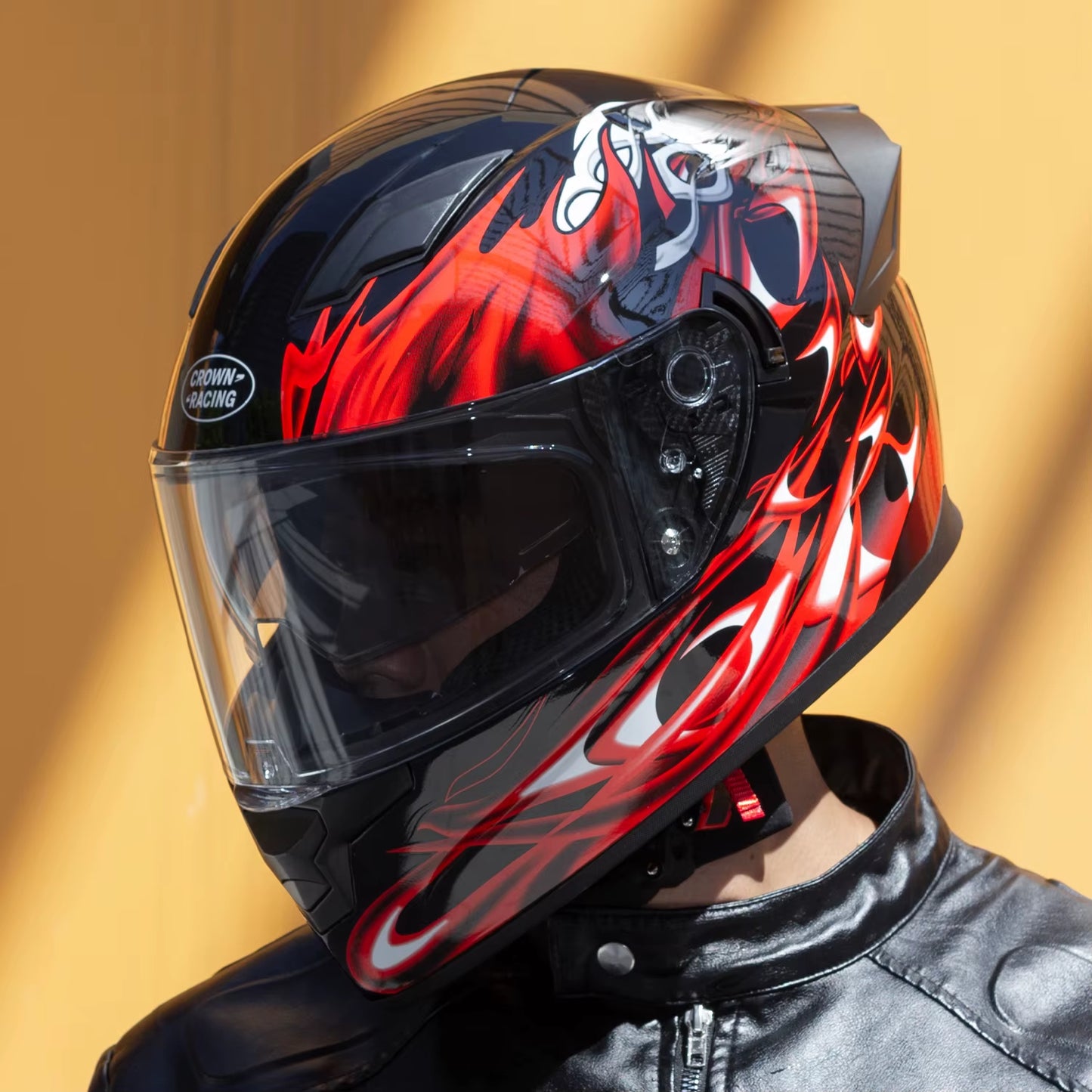 Crown Racing Full Face Motorcycle Helmet With Built in Sun Visor and Clear Outer Visor Black Red The Night Shift Performance Street Gear by The Night Shift Automotive Apparel