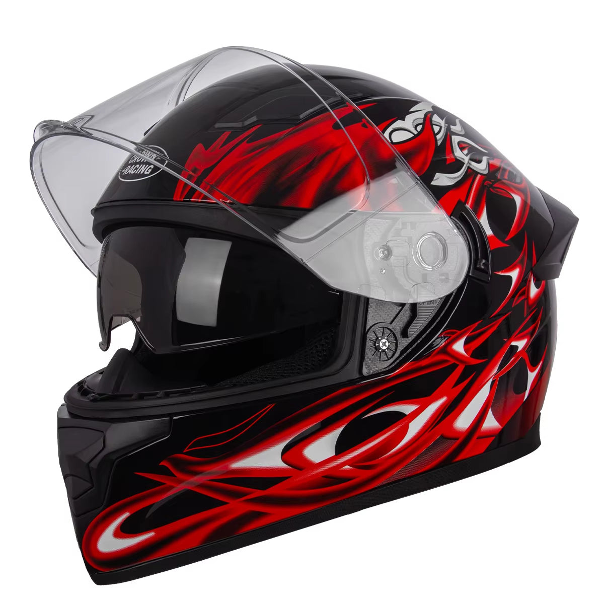 Crown Racing Full Face Motorcycle Helmet With Built in Sun Visor and Clear Outer Visor The Night Shift Performance Street Gear by The Night Shift Automotive Apparel