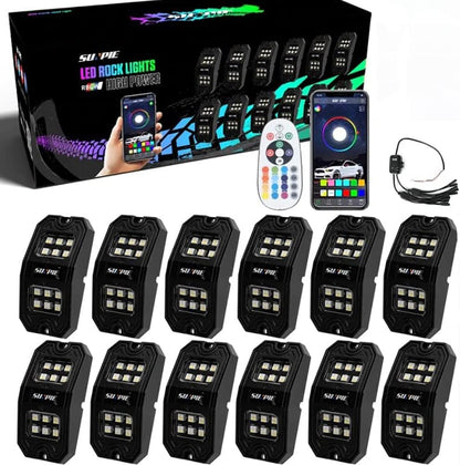 210 Degrees Wide Angle RGBW Rock Lights App/Voice Mode Music Mode 12Pcs The Night Shift Performance Street Gear by The Night Shift Automotive Apparel